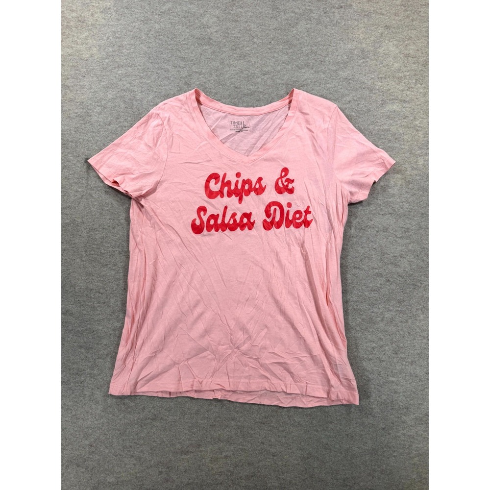 Time And Tru Chips & Salsa Diet T Shirt Womens L 12-14 Pink V-Neck Short Sleeve